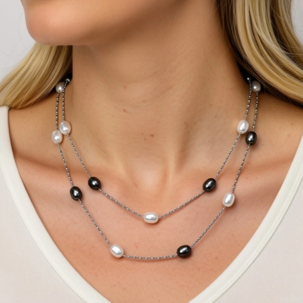 Black & White Freshwater Pearl Station Necklace 36in. Rodium Finish Chain